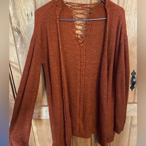 Burnt Orange Maurices Cardigan with Open Stitch back